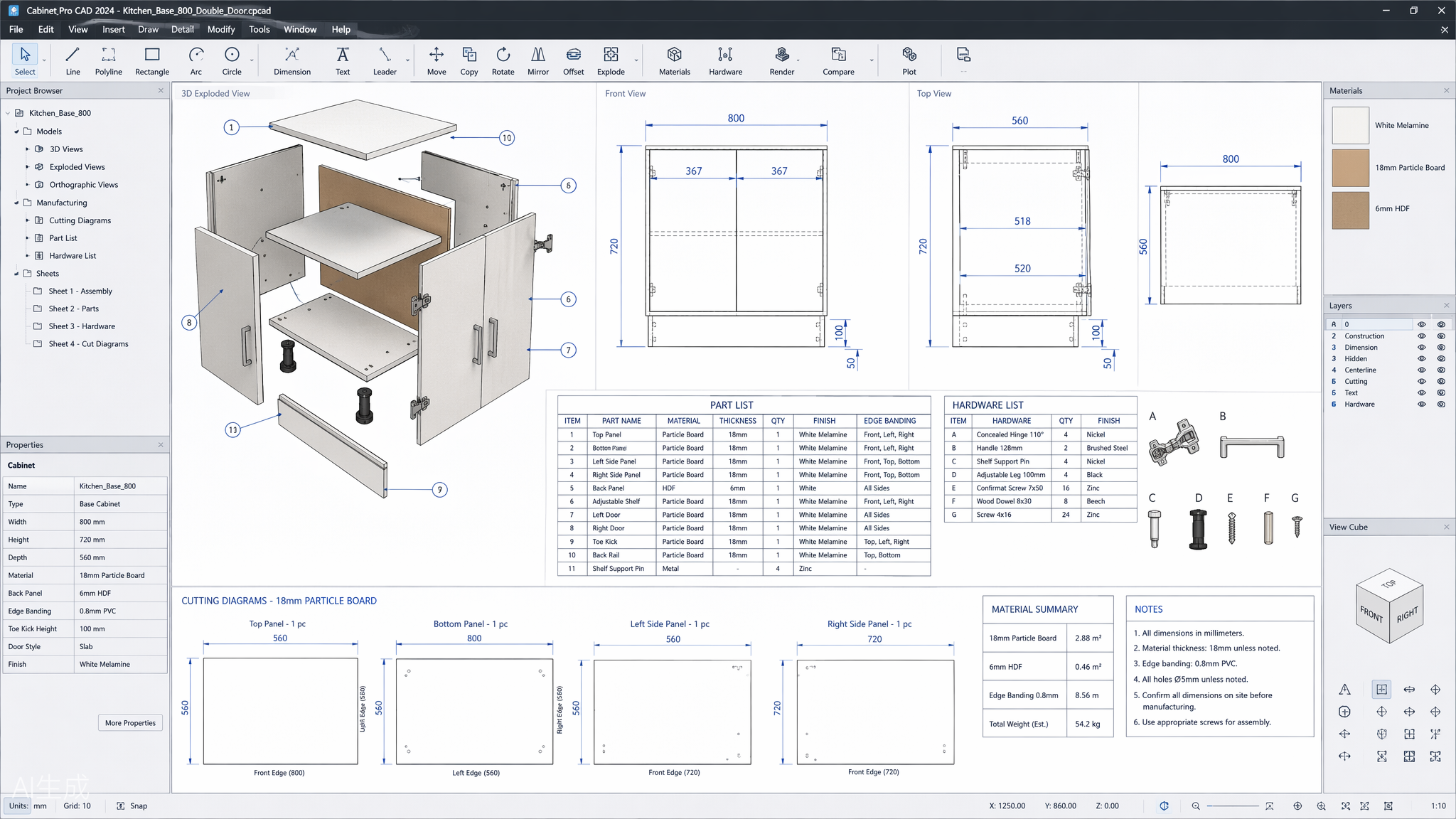 Интерфейс мебельного CAD: сборка изделия, спецификация деталей и карты раскроя